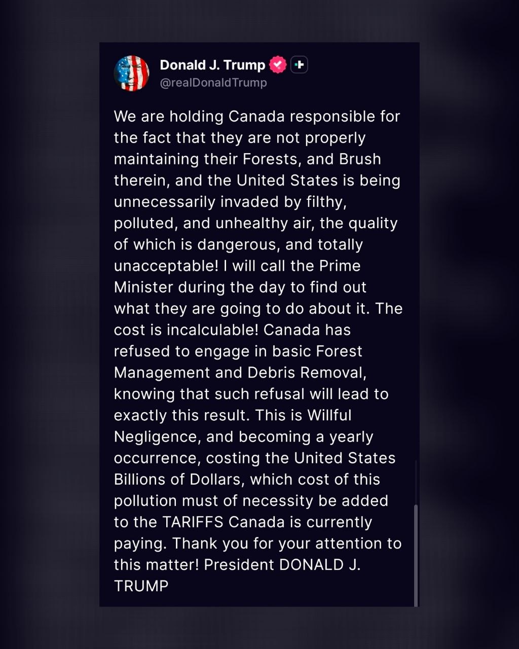 [Photo] President Trump is calling out Canada for their poor forest management practices https [...]