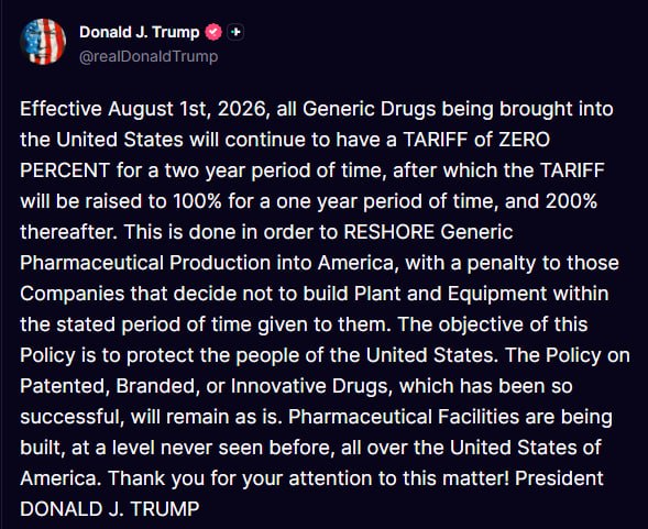 [Photo] JUST IN - Trump says in order to "RESHORE Generic pharmaceutical Production into  [...]