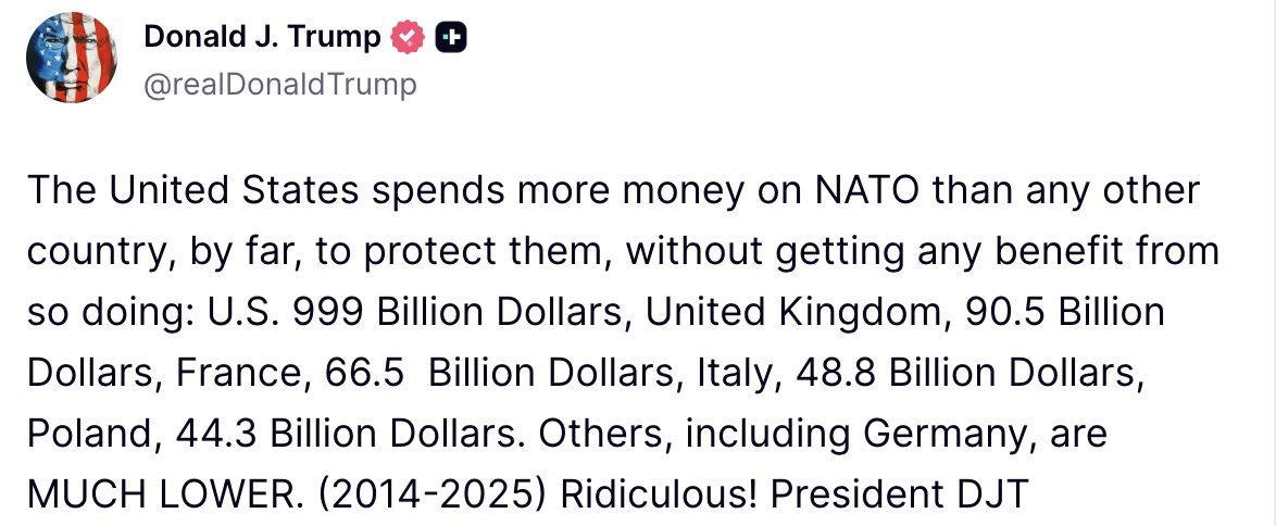 [Photo] Trump posted that the US spends far more on NATO than any ally "without getting a [...]