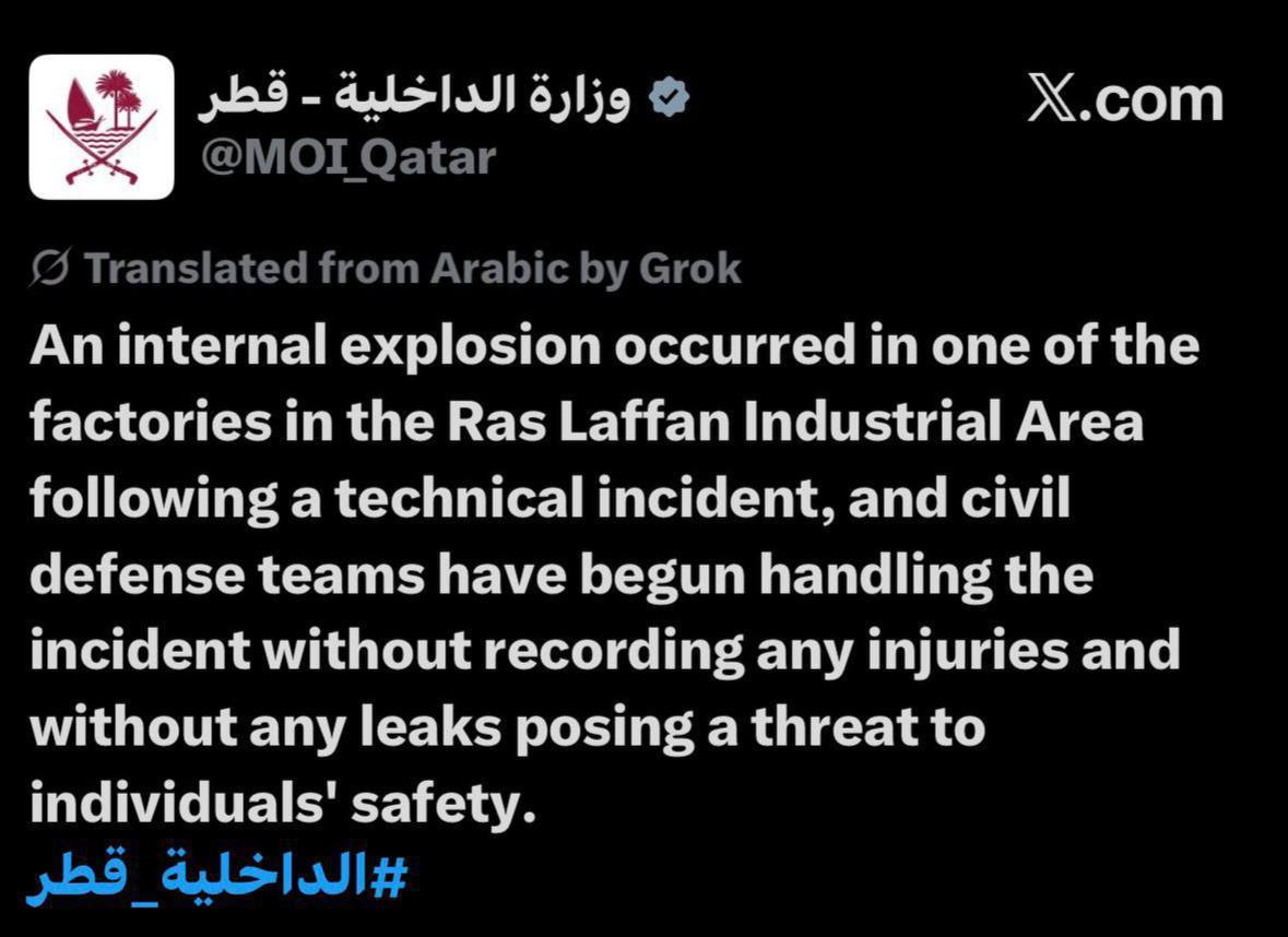 [Photo] 🇶🇦⚡️ — Qatar’s Ministry of Interior confirms the explosion at Ras Laffan, attributing [...]