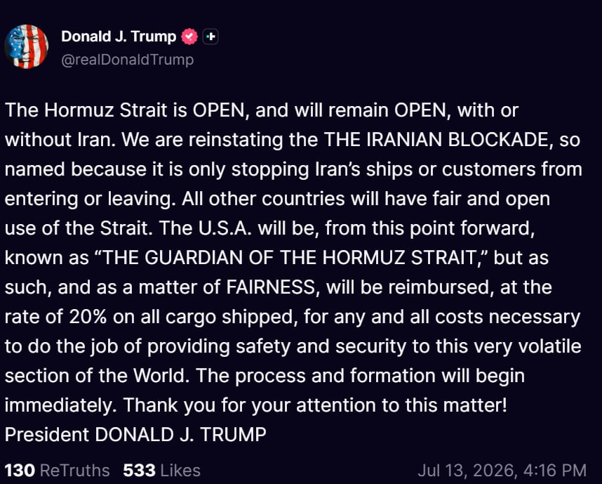 [Photo] 🇺🇸❌🇮🇷 — BREAKING: President Trump via Truth Social:The Hormuz Strait is OPEN, and wil [...]