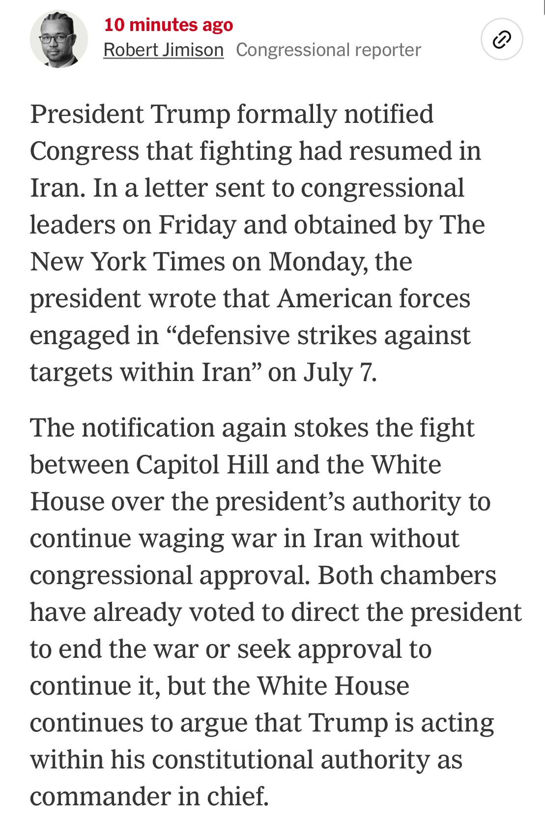 [Photo] 🇺🇸❌🇮🇷 — BREAKING: Trump formally notified Congress that fighting has resumed in Iran, [...]
